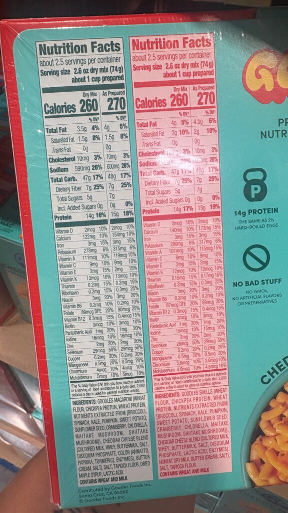Nutrition facts for Goodles Cheddy Mac and Shella Good. Each prepared serving has 270 calories, 14ā15g protein, 4ā4.5g fat, and 48g carbs. Ingredients include chickpea and wheat protein, and extracts from various vegetables and mushrooms.